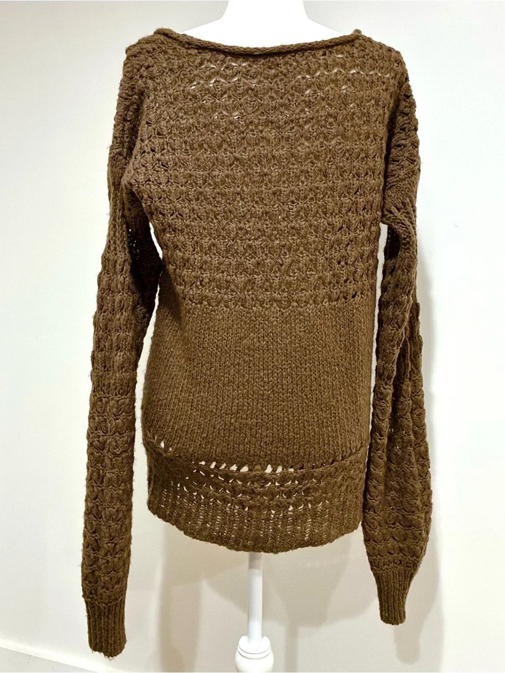 Free People Brown Open-Weave Crochet Knit Scoop Neck Sweater XS